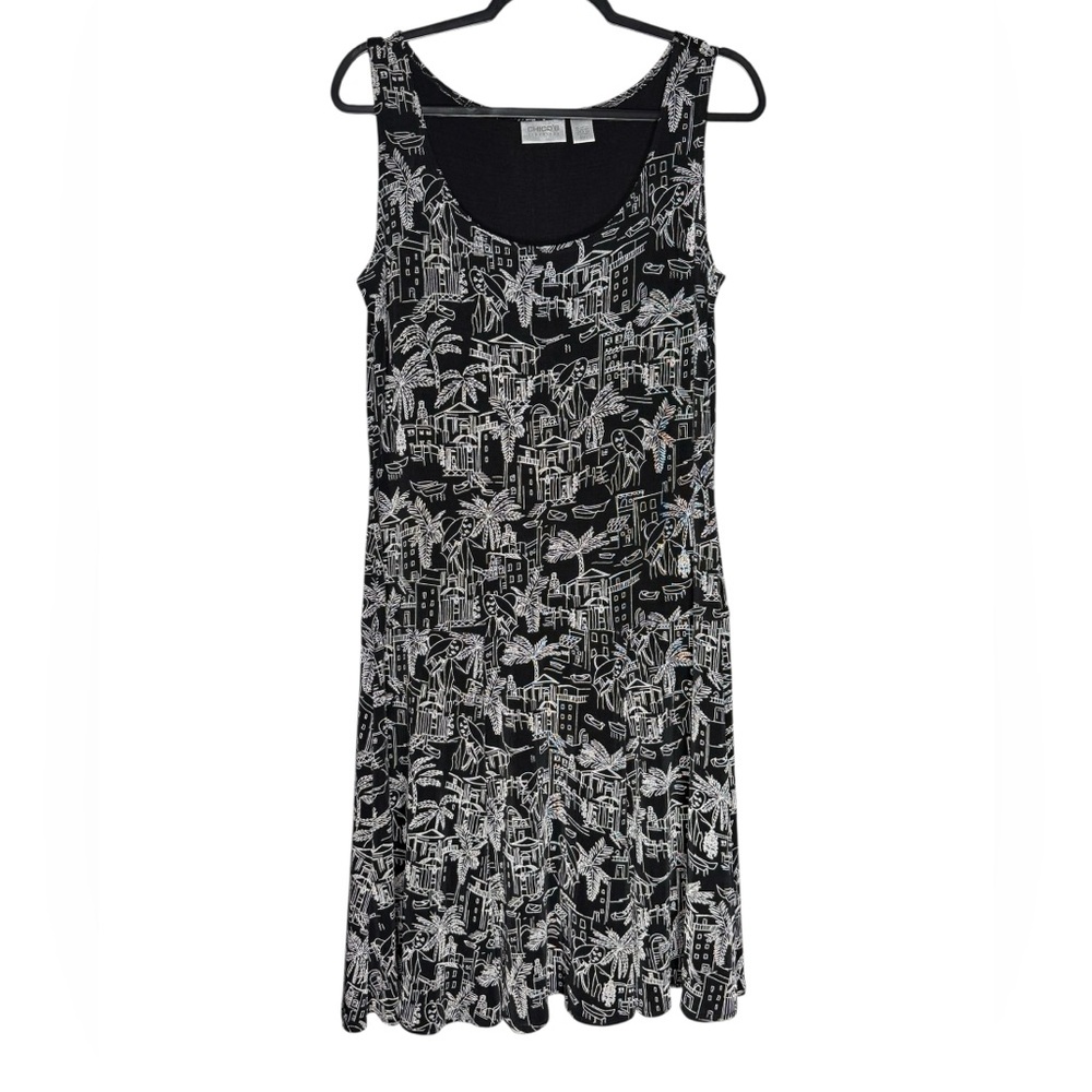 Chicos Travelers Tank Dress Medium Black White Graphic Slinky Resort Sleeveless